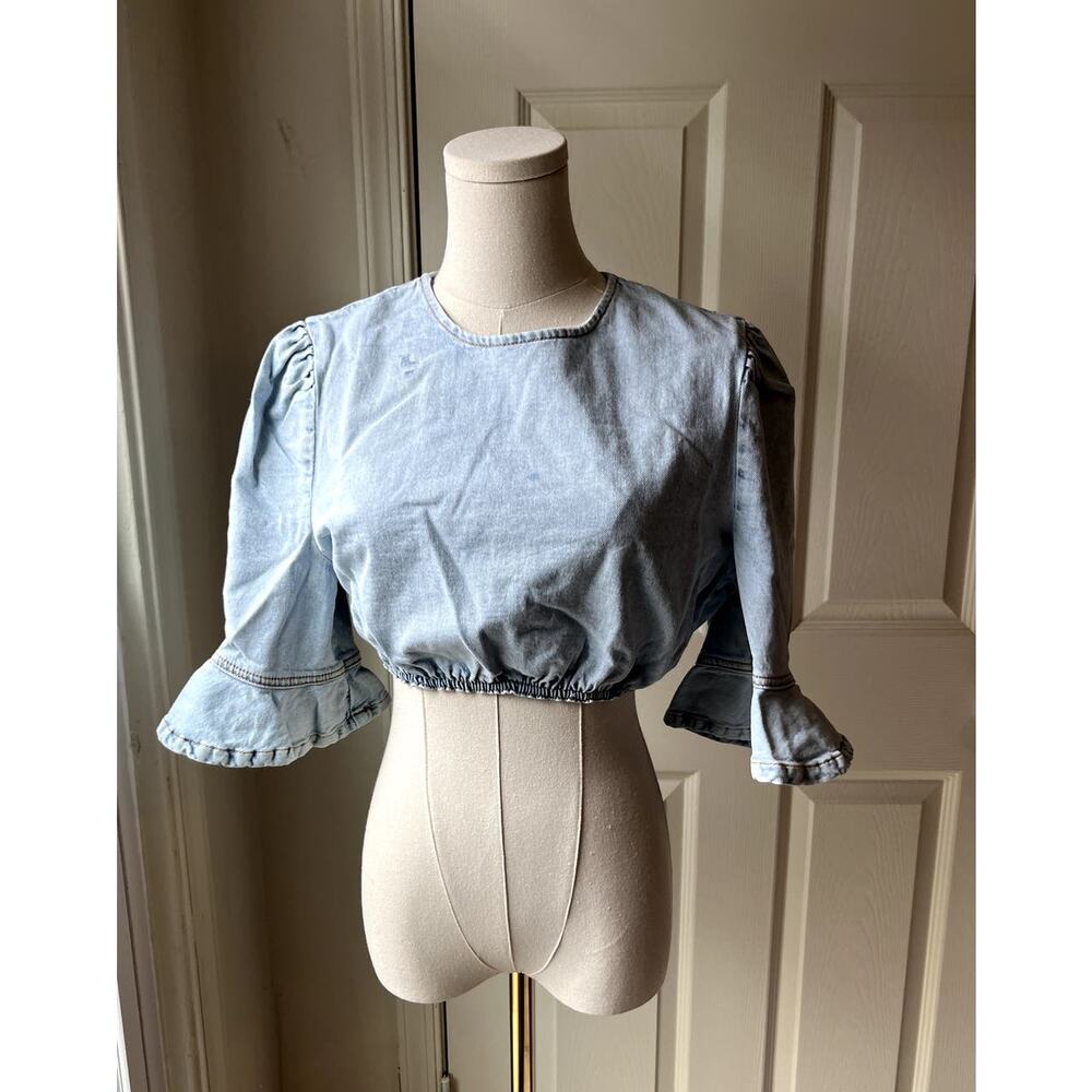 Crop Top Denim Small Womens WeWoreWhat Top  Ruffle 3/4 Sleeve Coastal Cowgirl